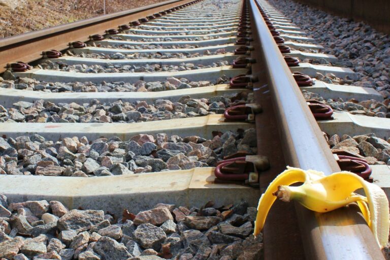 Cette photo illustre le sabotage de l'entrepreneur avec une banane sur une voie ferrée