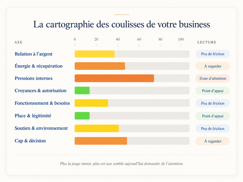 Exemple de cartographie du diagnostic entrepreneurial présentant huit axes, leurs jauges de tension et leurs points d'appui